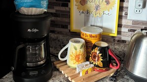 A kitchen counter with a coffee maker, a mug, a mug with a sunflower design, a container of coffee pods, and a kettle.