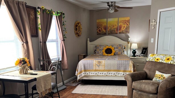 A bedroom with a bed, a desk, a chair, a sofa, and a ceiling fan.