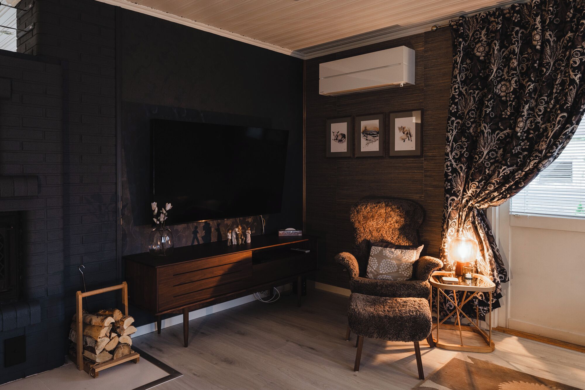 Smart TV, fireplace, books, stereo