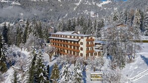 Un hotel con un edificio de varios pisos, rodeado de árboles cubiertos de nieve y montañas al fondo.