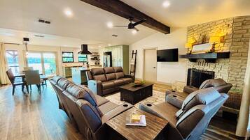 Smart TV, fireplace, books