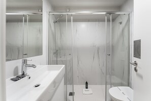 Chuveiro, secador de cabelo, toalhas de banho 