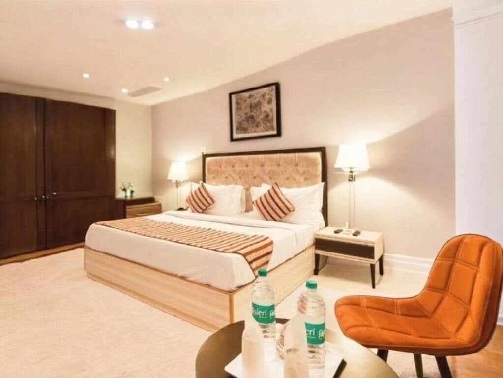 Premium bedding, memory foam beds, desk, laptop workspace