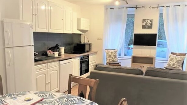 A compact living space with a kitchenette, a dining area, and a seating area with a sofa and chairs.