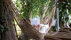 A hammock tied between trees, with a person reading a book. - Baannoi Retreat and Stay Chiang Mai (Chiang Mai)