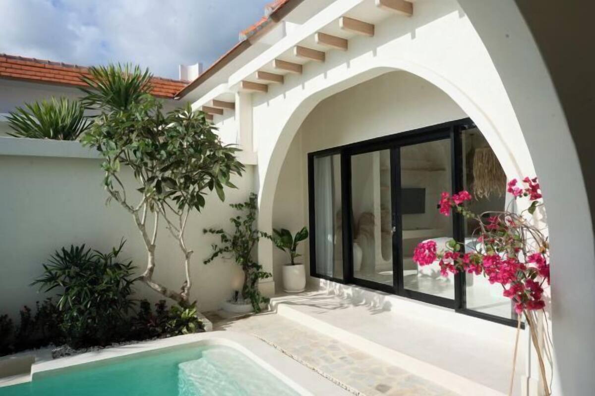 A modern outdoor pool area with a white wall, a glass door, and various plants.