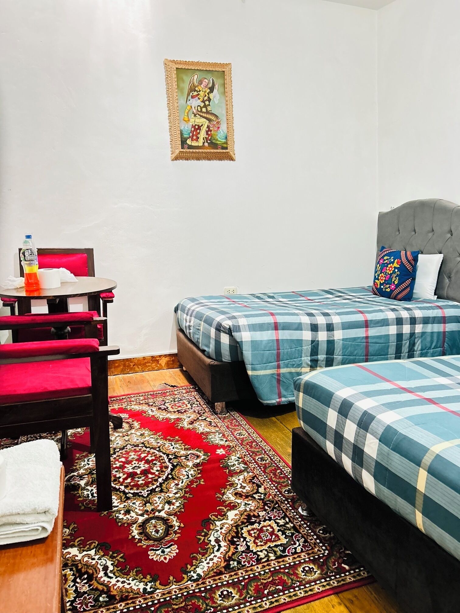 Desk, laptop workspace, free WiFi, bed sheets