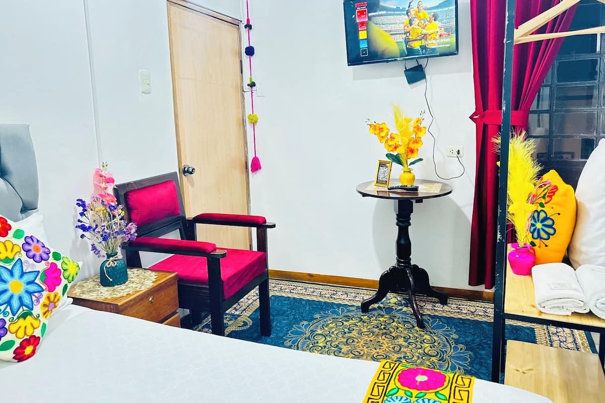 A room with a television, a red chair, a small table with a vase, and a bed with a colorful pillow.