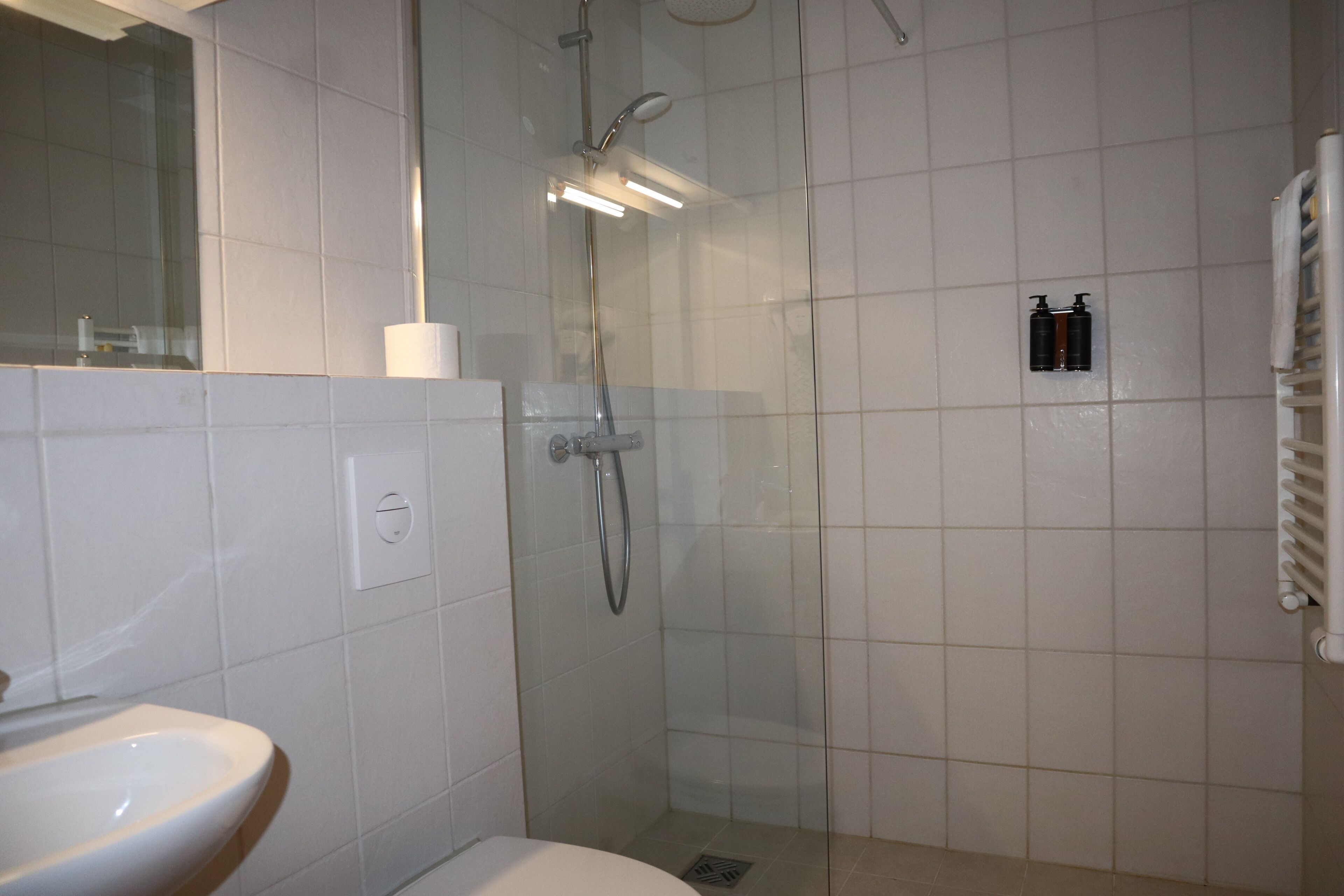 Suihku, ilmaiset hygieniatuotteet, hiustenkuivaaja, pyyhkeet