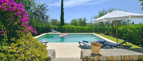 Une piscine rectangulaire, agrémentée de chaises longues et d’un flotteur, entourée d’une végétation luxuriante et d’un grand arbre.