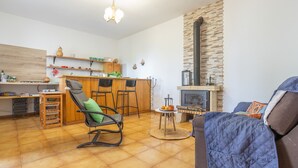 Un saló amb un sofà, una cadira, una llar de foc i una zona de cuina amb prestatges i una placa de cocció.
