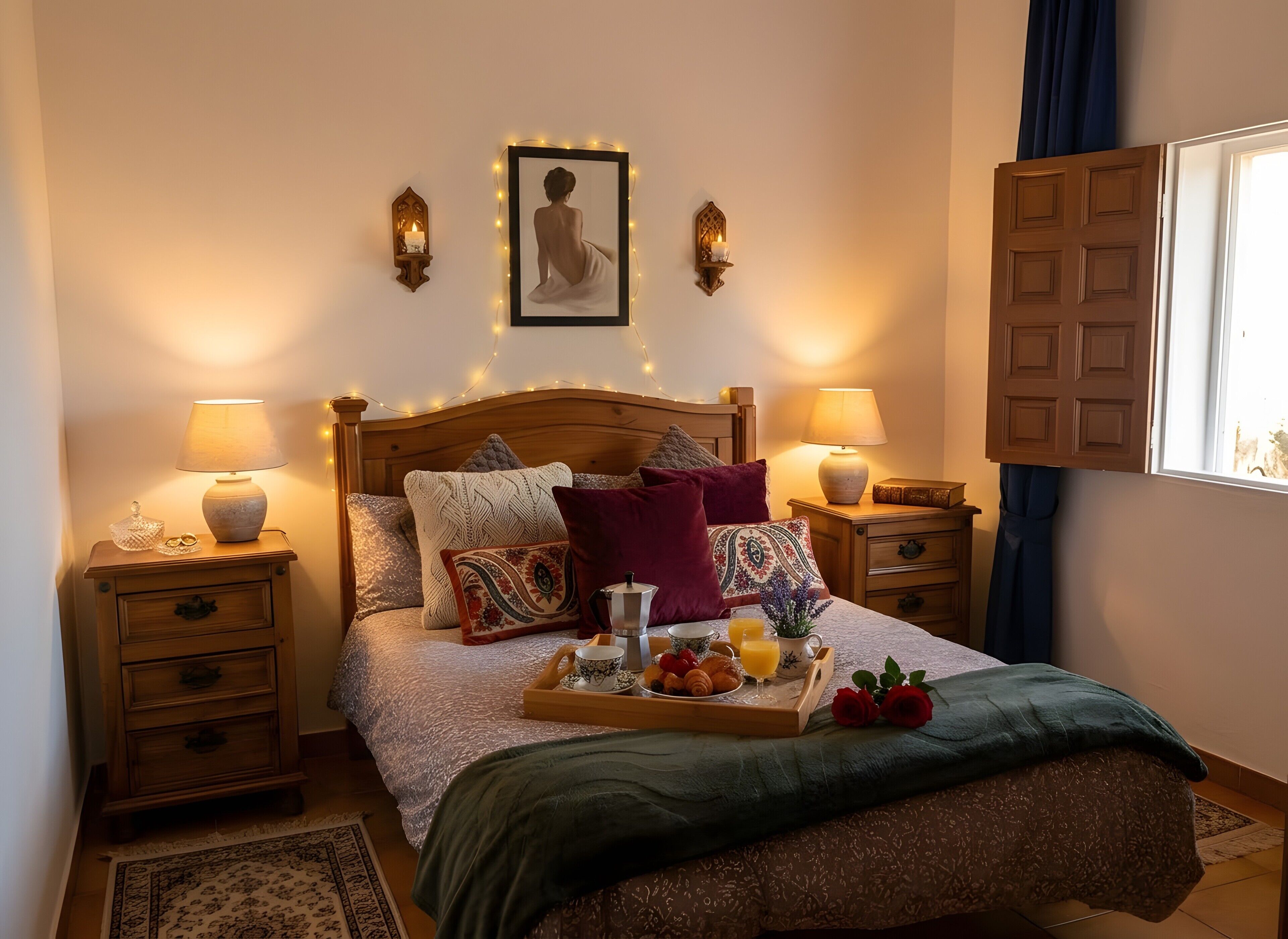 Een keurig opgemaakt bed met een ontbijtplateau, twee bedlampen, een ingelijst beeld aan de muur en een raam met gordijnen.
