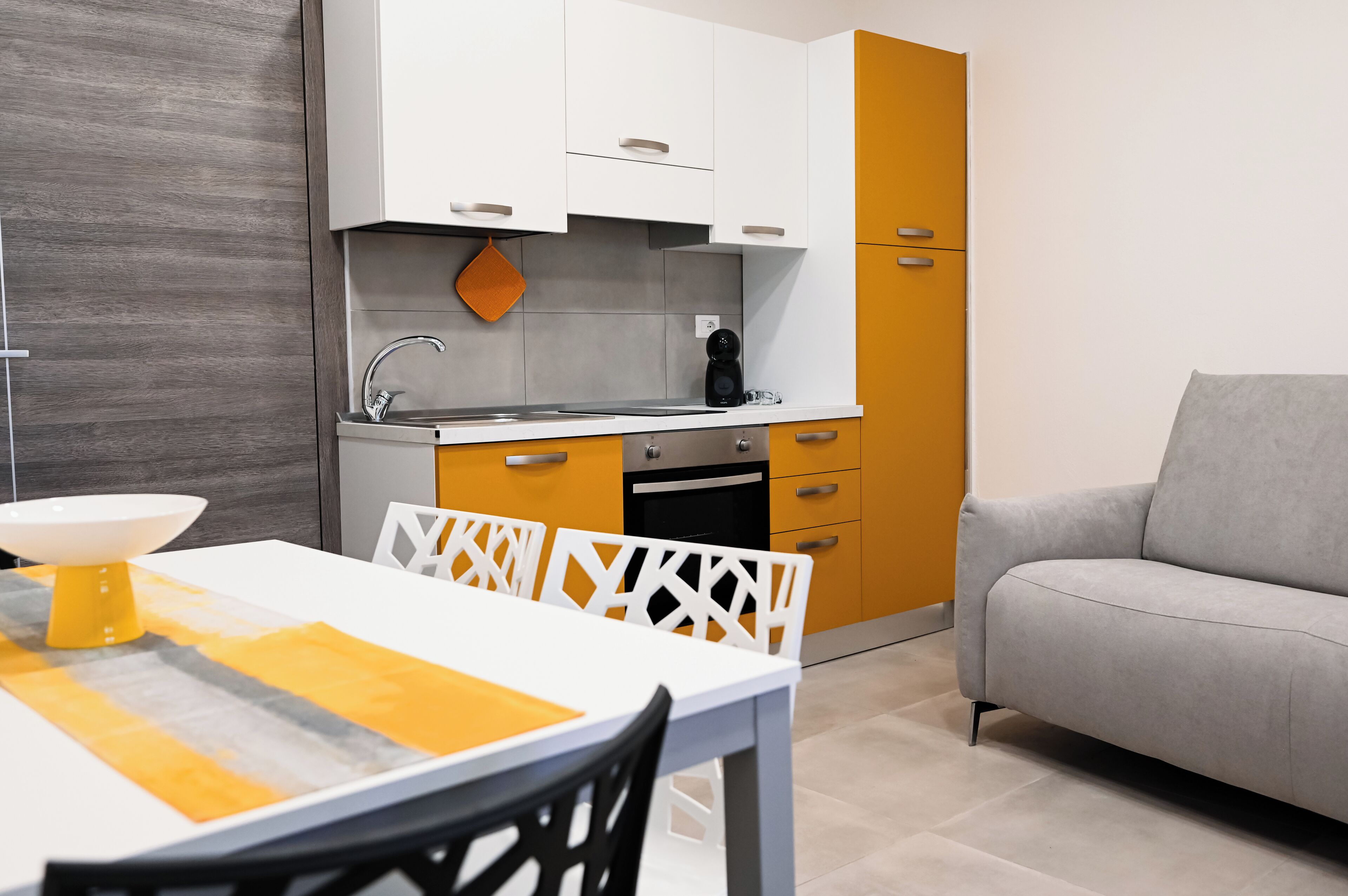 Comfort Apartment (Julia Domna) | Private kitchen | Full-size fridge, oven, stovetop, highchair
