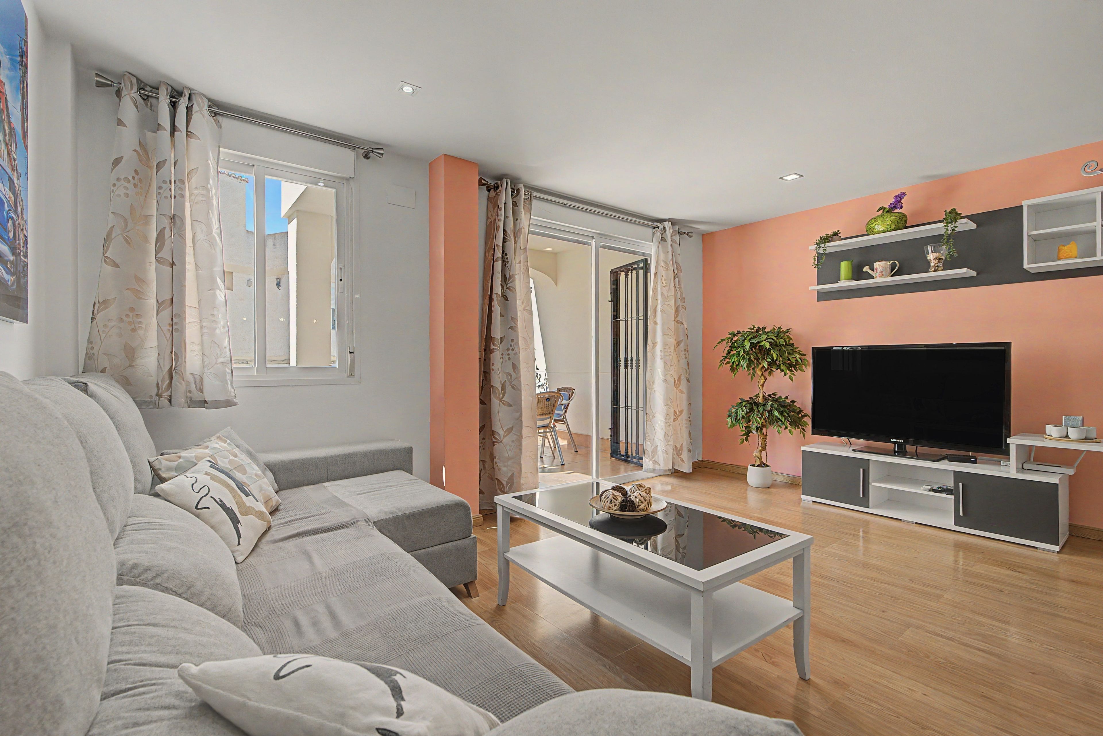 A modern living room with a grey sofa, a coffee table, a flat-screen TV, and a potted plant.