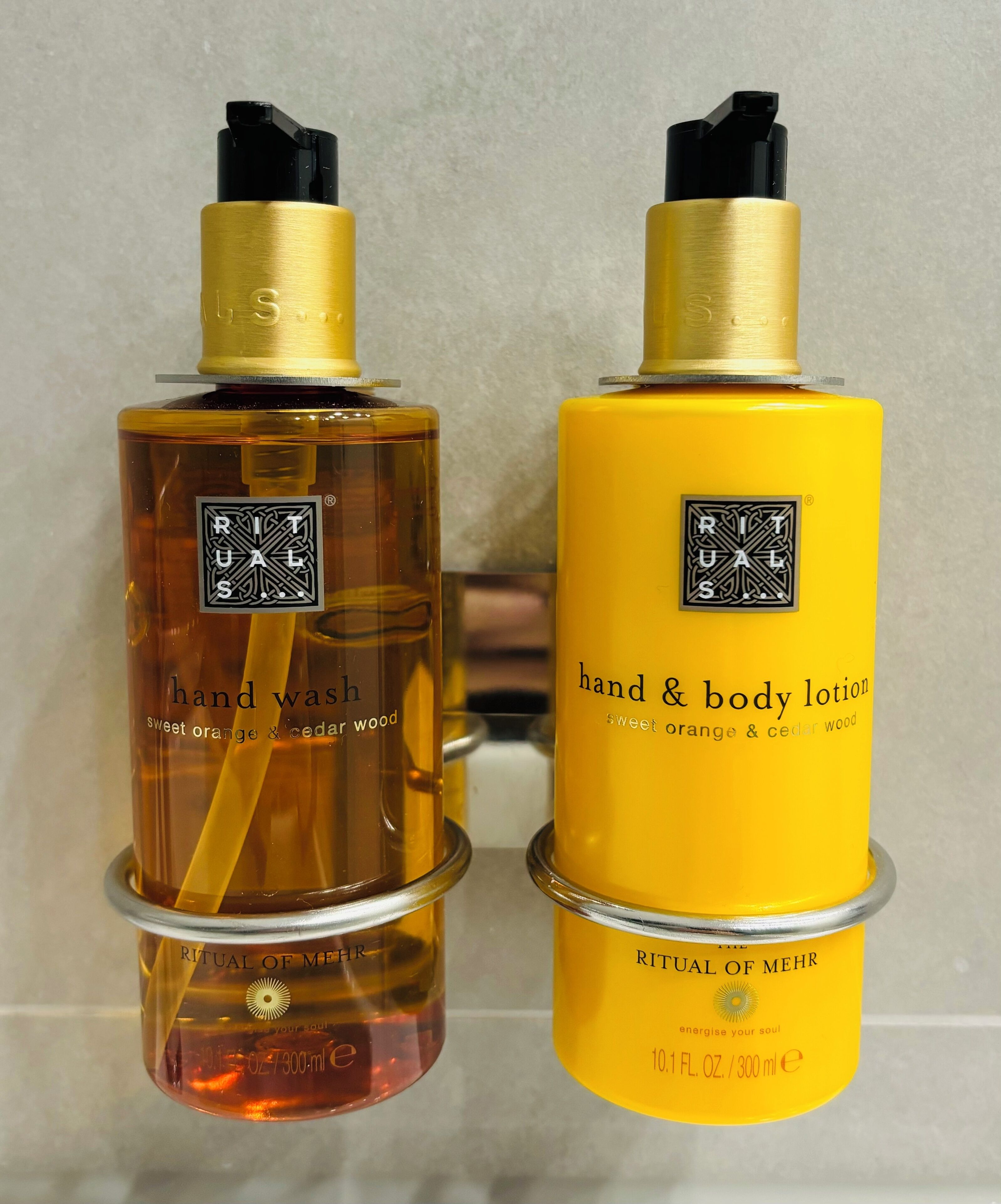 Two bottles of Ritual of Meer hand wash and lotion.