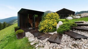 A modern wooden cabin with a glass door entrance, surrounded by a garden with yellow flowers and rocks.
