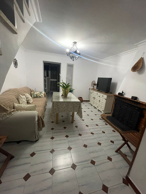 Smart TV, chimenea y libros