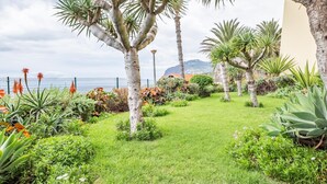Ein gepflegter Garten mit verschiedenen Pflanzen und Bäumen, einer Rasenfläche und einem Blick auf das Meer und die Berge im Hintergrund.