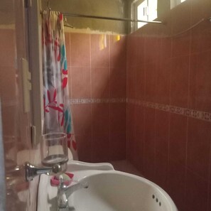 Regadera, toallas, jabón, papel de baño