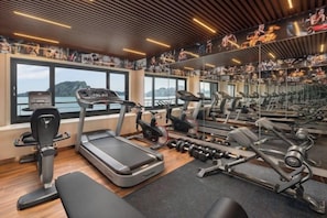 Ett gym med löpband, vikter och träningsmaskiner, med utsikt över ett vackert landskap.