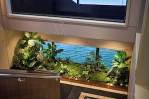 A small indoor garden with various plants and a view of the sea through a window. - Calista Cruise - A Ha Long Bay Spectacle (Tuan Chau)