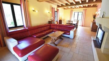 Een televisie, een open haard, een dvd-speler en een tafeltennistafel