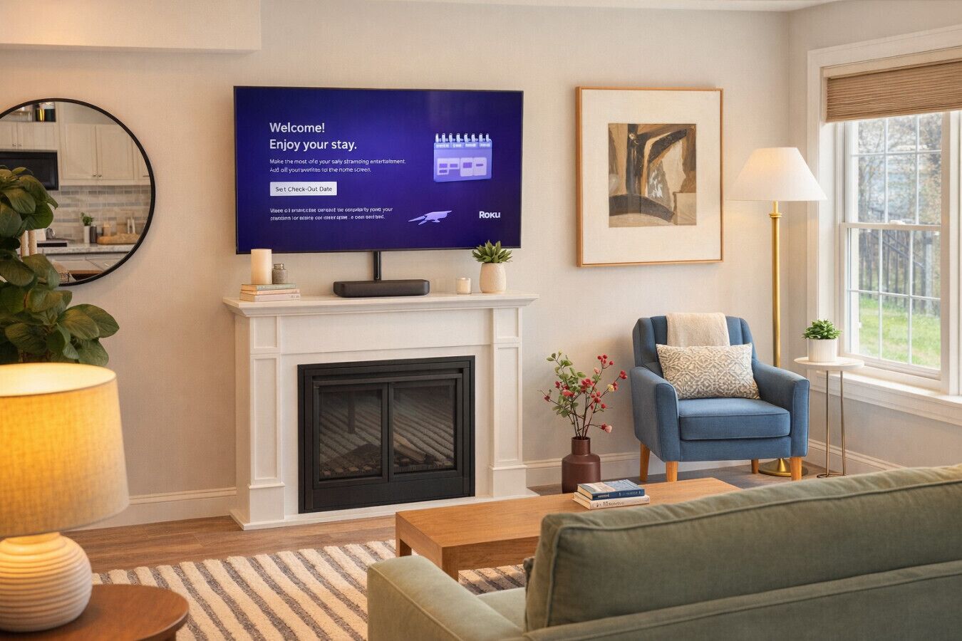 Ein Wohnzimmer mit Kamin, einem Fernseher der eine Willkommensbotschaft zeigt, einem blauen Sessel und einem Fenster mit Blick.