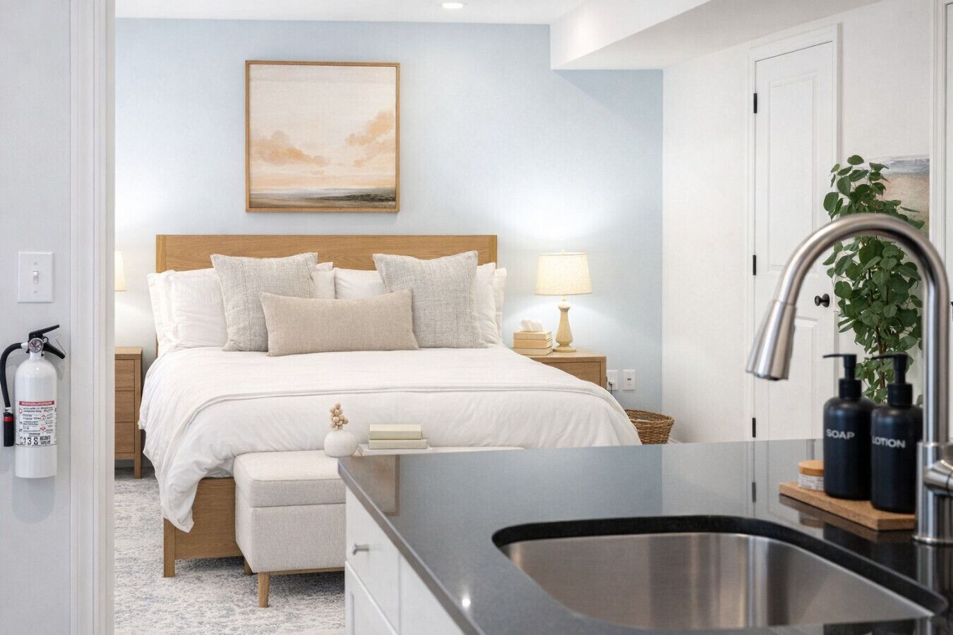 Une chambre d’hôtel avec un lit, une table de chevet, une lampe et une vue sur l’extérieur.