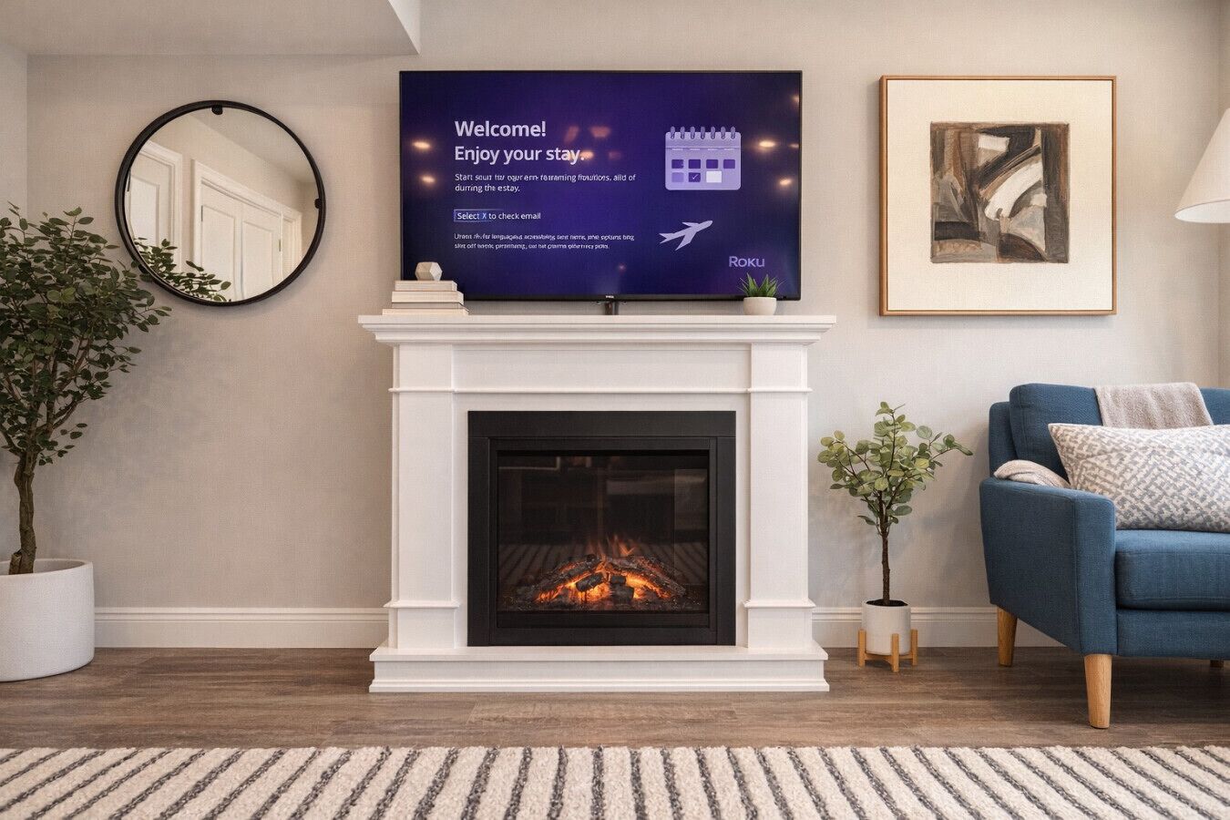 Una sala de estar con chimenea, televisor montado encima y un sillón azul, además de un cuadro en la pared.