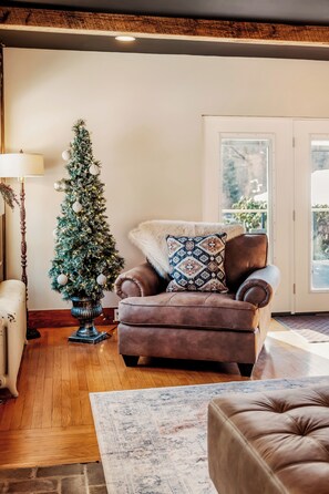 TV connectée, cheminée, livres