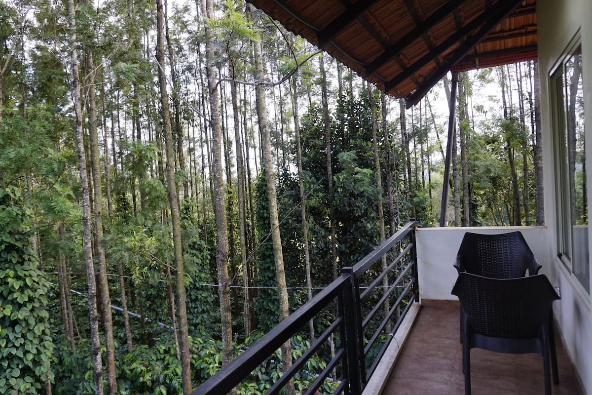 A balcony with a view of a dense forest.