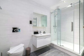 Shower, hair dryer, shampoo