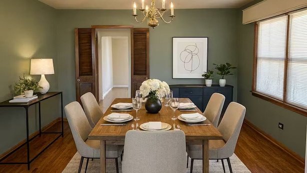 A dining room with a wooden table set for six, a chandelier, and a framed abstract artwork on the wall. - Welcome to your perfect city retreat in the heart of Skokie! (Skokie)