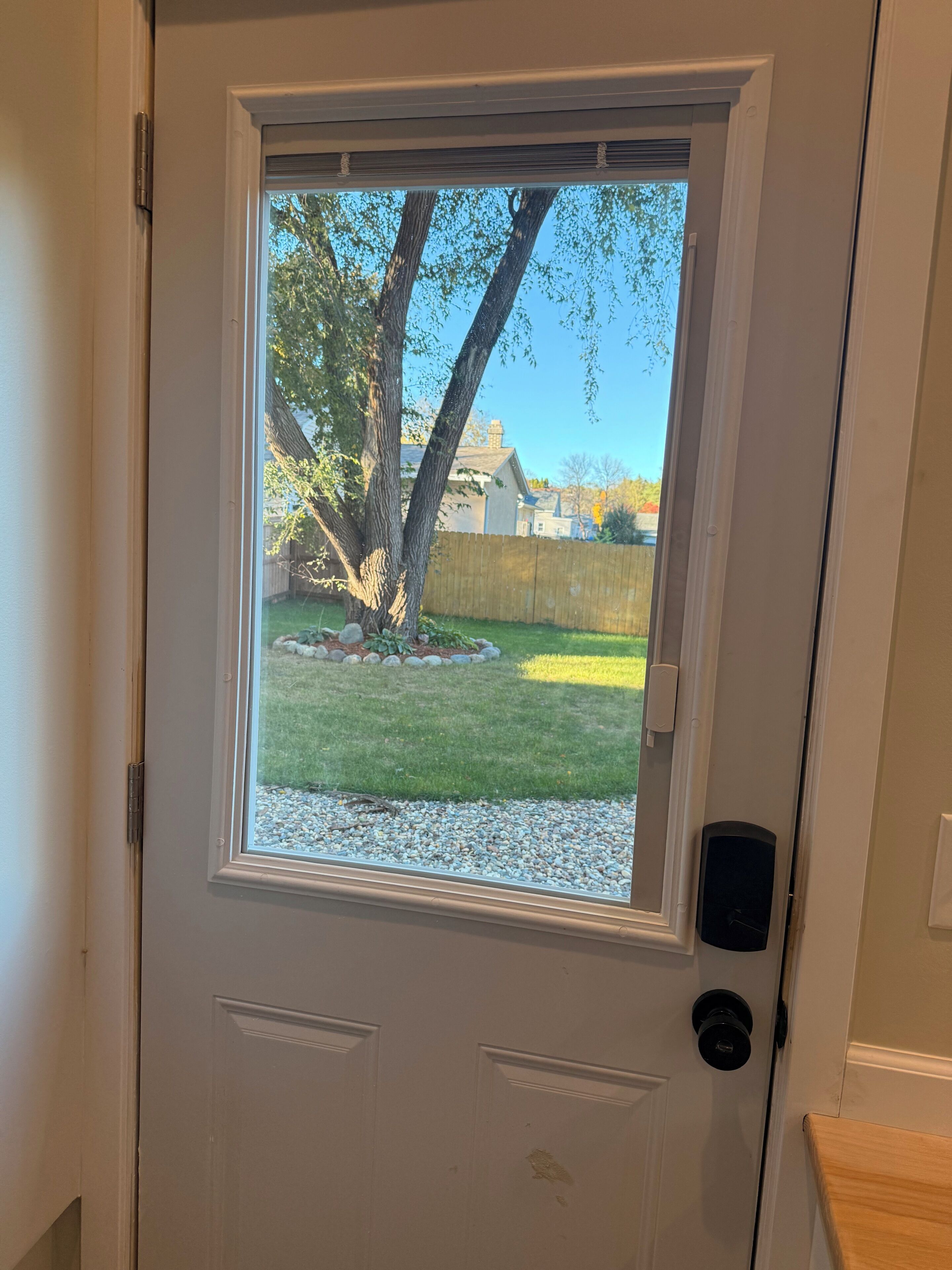 A white door with a window, a mailbox, and a small garden area visible through the window.