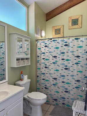 Hair dryer, towels, toilet paper