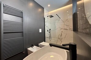 Shower, hair dryer, bidet, towels