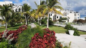 Un edificio moderno con paredes exteriores blancas, rodeado de un jardín cuidado con palmeras y plantas de hojas rojas.