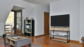 Télévision, cheminée, lecteur de DVD, chaßne hi-fi