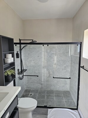 Shower, hair dryer, towels, soap