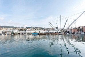 A waterfront view with a modern bridge, boats, and a cityscape in the background.