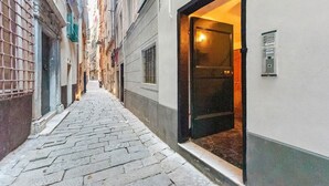 A narrow cobblestone alleyway with a building entrance featuring a wooden door and a small step leading up to it. - Apartment 'Modern Flat in The Centre Of Genoa' with Wi-Fi and Air Conditioning (Genova)