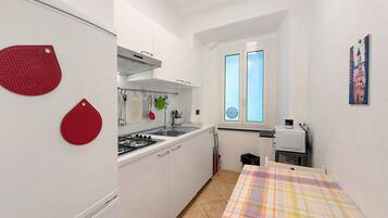 Kühlschrank, Mikrowelle, Herdplatte, Wasserkocher mit Kaffee-/Teezubehör