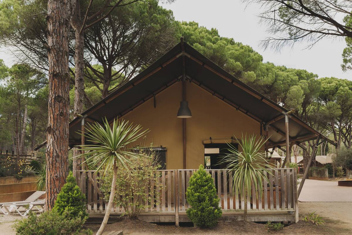 Un chalet rustique doté d’une terrasse en bois, entouré d’arbres et bordé d’un sol sablonneux.