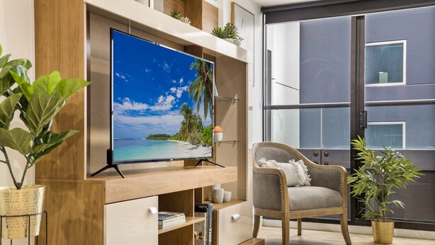 Un salon moderne avec un téléviseur à écran plat fixé sur une étagère en bois, un fauteuil confortable et une plante en pot.