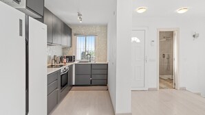A modern kitchen with grey cabinets, a window, and a shower area. - Holiday Home 'Par ís' with Sea Views, Wi-Fi and Air Conditioning (Benalmádena)