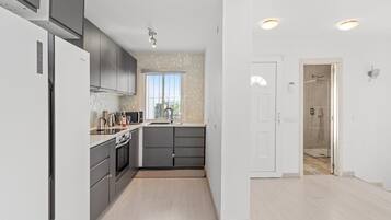 Frigorífico, microondas, horno y placa de cocina