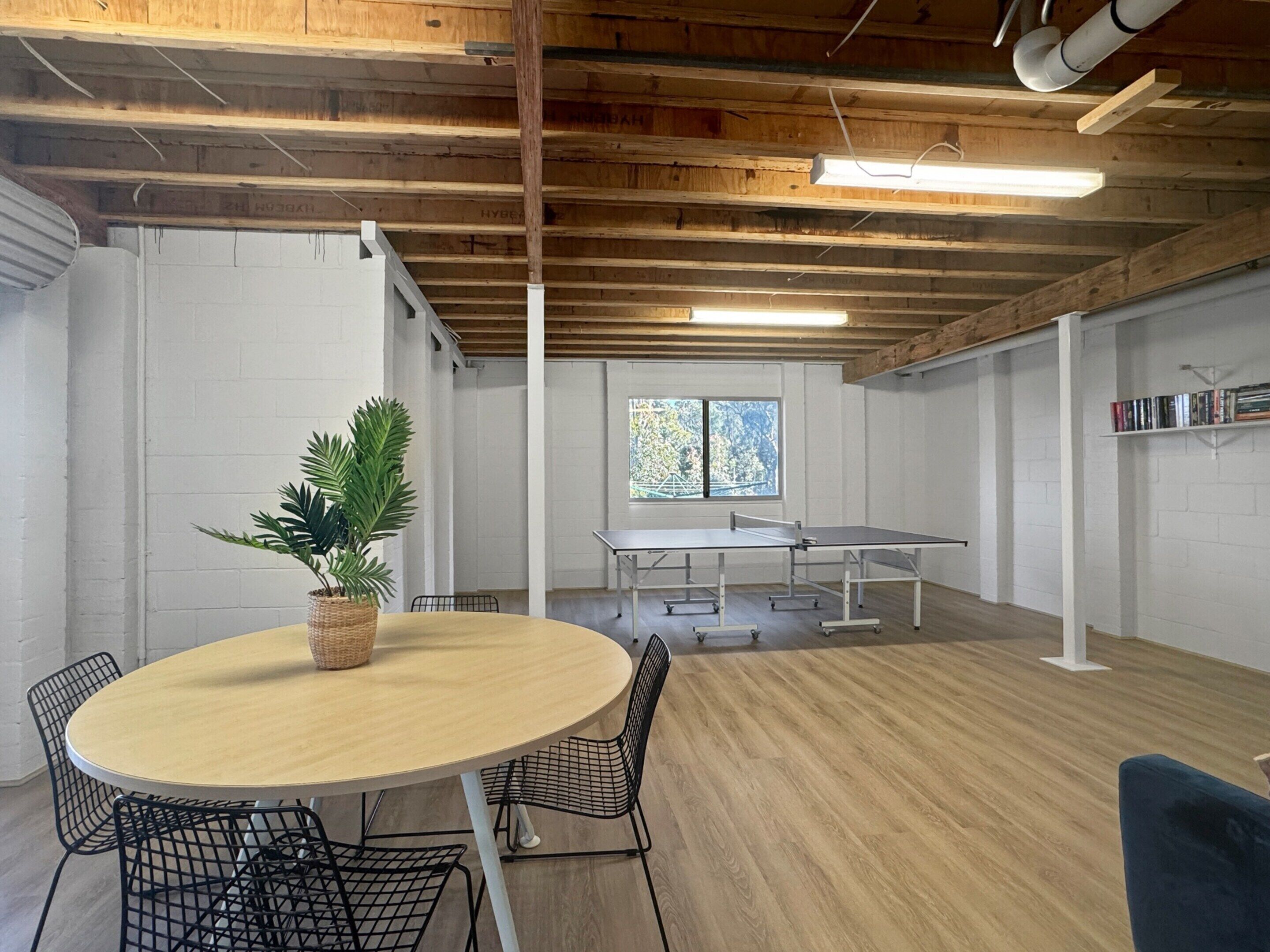 A room with a ping pong table, a round table with chairs, a potted plant, and a bookshelf.