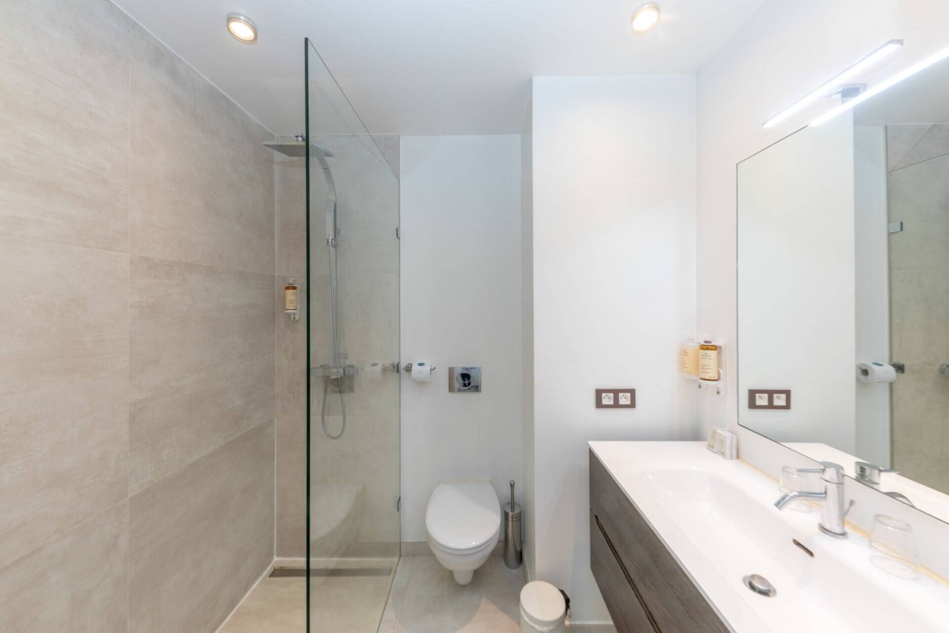 A modern bathroom with a glass shower enclosure, a toilet, and a vanity with a mirror.