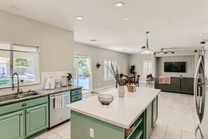 Fridge, microwave, dishwasher, coffee/tea maker