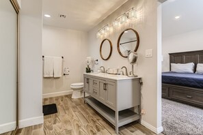 Hair dryer, towels, soap, toilet paper